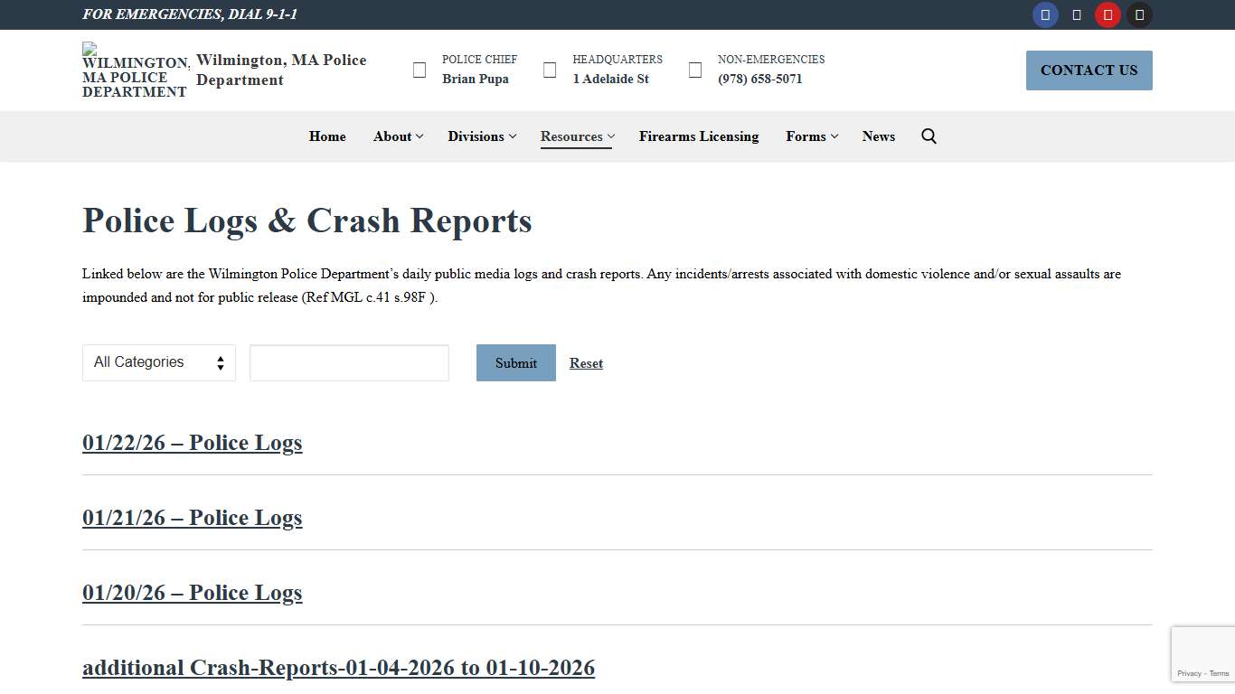Police Logs & Crash Reports – Wilmington, MA Police Department